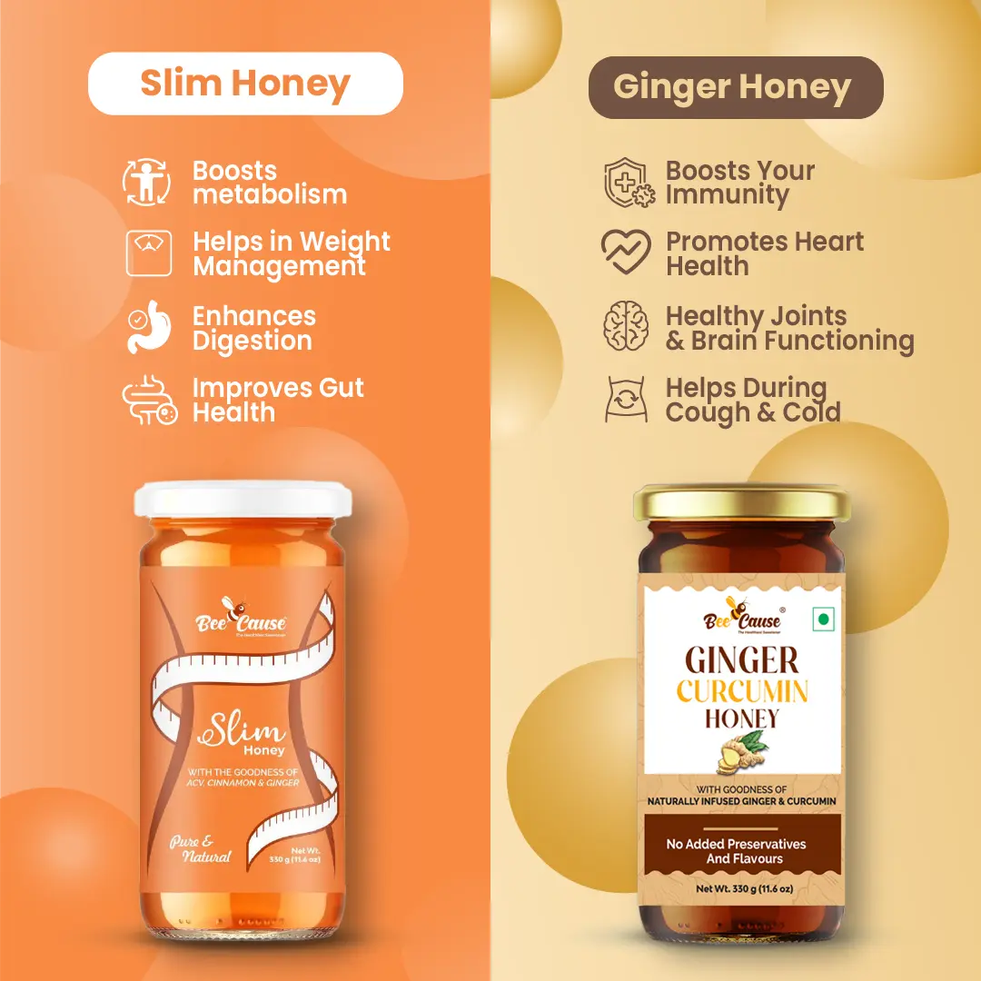 Infographic comparing the benefits of Slim Honey (metabolism and weight management) versus Ginger Honey (immunity and heart health).