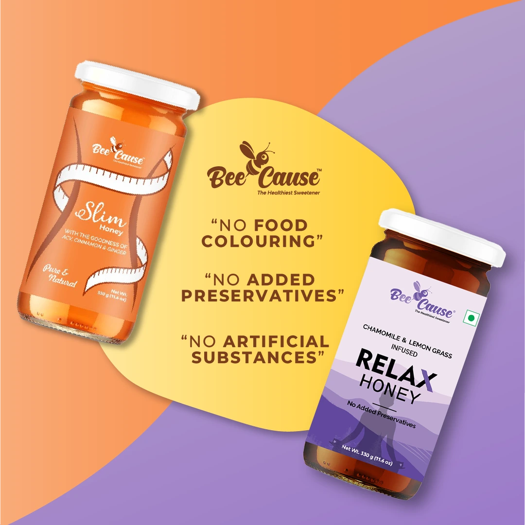 Slim Honey and Relax Honey jars displayed with text highlighting "No Food Colouring," "No Added Preservatives," and "No Artificial Substances".