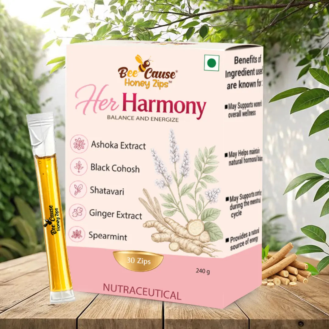 Bee Cause Honey Zips 'Her Harmony' nutraceutical box with a honey stick on a wooden table, featuring ingredients like Ashoka Extract, Black Cohosh, and Shatavari for women's wellness.