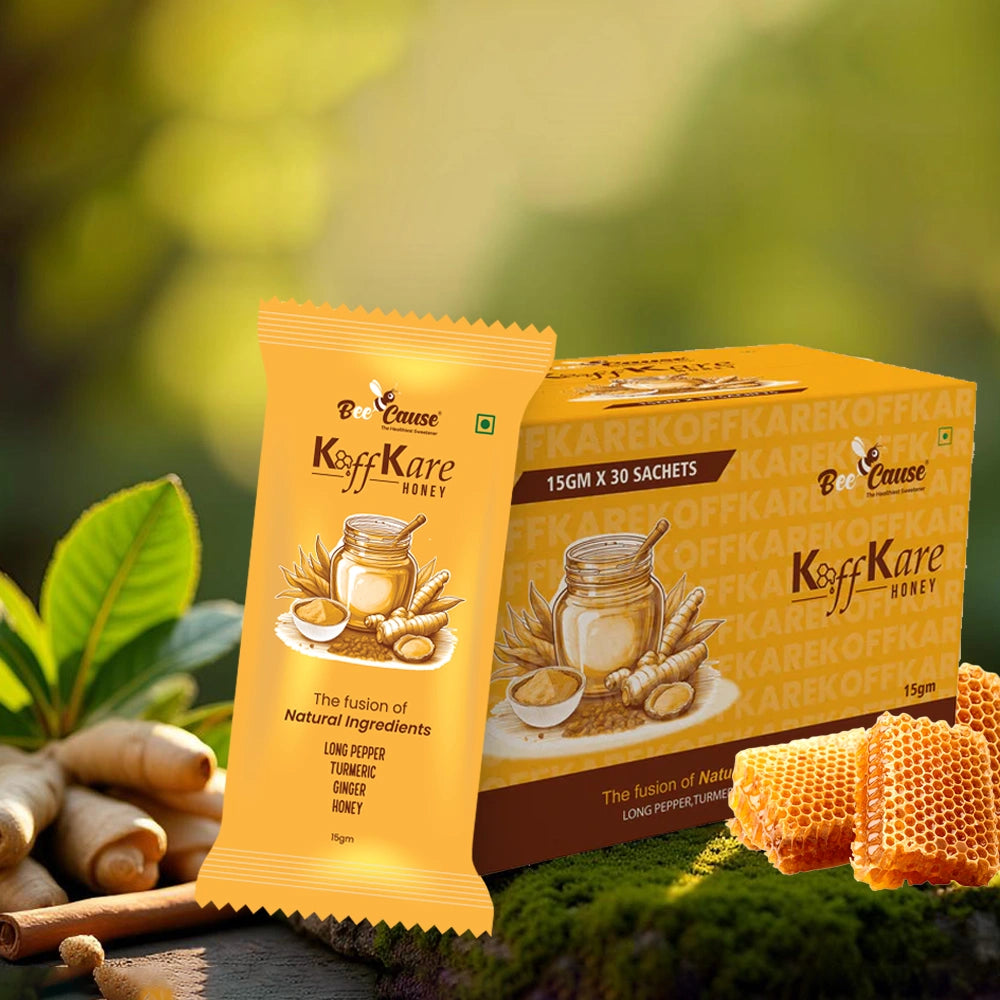 A display of the Bee Cause Koff Kare Honey box and a single sachet, highlighting the fusion of natural ingredients like long pepper, turmeric, and ginger.