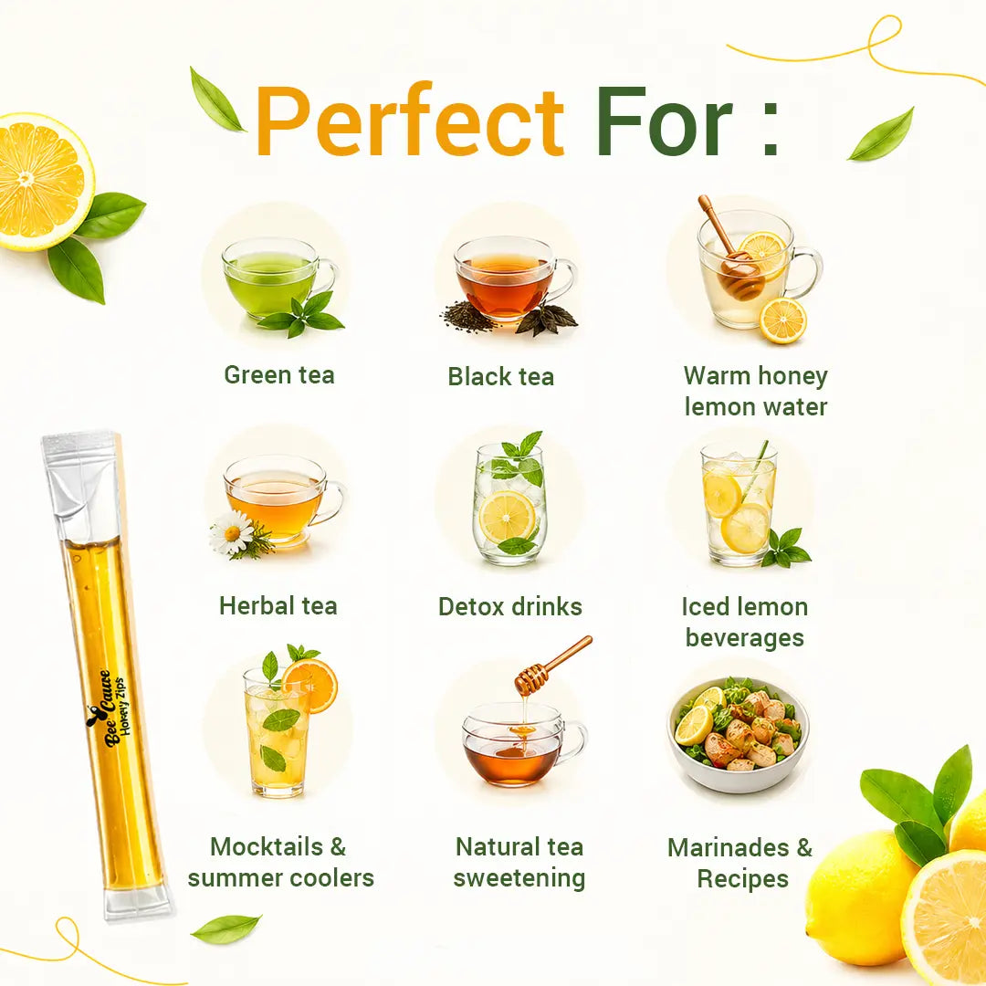 Visual guide showing nine ideal pairings for Bee Cause Lemon Honey Zips, including Green tea, Black tea, Warm honey lemon water, Herbal tea, Detox drinks, Iced lemon beverages, Mocktails & summer coolers, Natural tea sweetening, and Marinades & Recipes. Features a single honey sachet on the left.