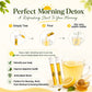 Infographic detailing the "Perfect Morning Detox" using Bee Cause Lemon Honey Zips. Illustrates a three-step process: Tear, Pour, and Stir into warm water. Lists health benefits including body detoxification, improved digestive health, and an antioxidant boost, alongside an image of the honey sachets and a mug of honey lemon water.