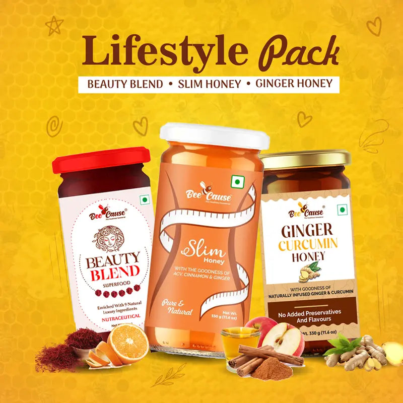 A promotional graphic for the "Lifestyle Pack" displaying the three honey jars surrounded by fresh ingredients like saffron strands, cinnamon sticks, apples, and ginger roots against a yellow honeycomb background.