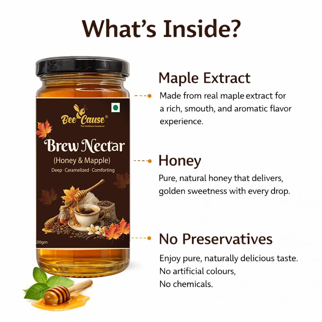 Infographic displaying the natural ingredients of Bee Cause Maple Brew Nectar, highlighting real maple extract, pure honey, and zero preservatives.