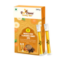A 240-gram box of Bee Cause Masala Chai Flavoured Honey Zips featuring a yellow and orange floral design, displayed with two individual honey sticks leaning against it.