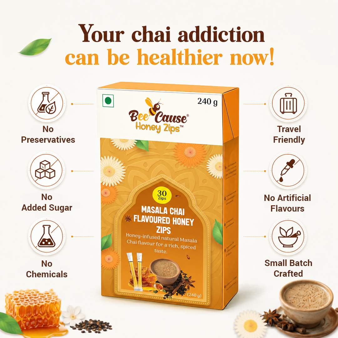 Product packaging for Bee Cause Masala Chai Flavoured Honey Zips surrounded by icons indicating no preservatives, no added sugar, no chemicals, travel-friendly, no artificial flavours, and small-batch crafted. The headline reads "Your chai addiction can be healthier now!"