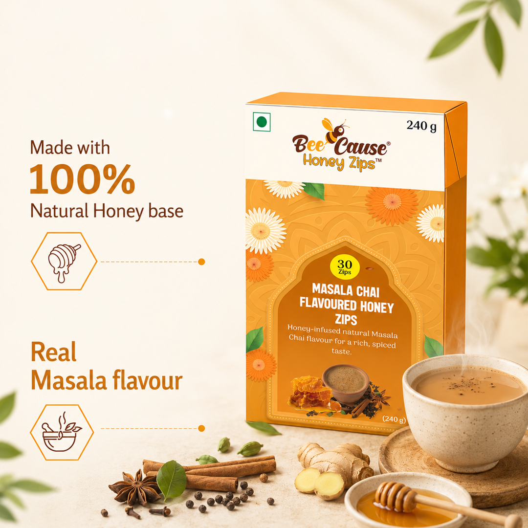 Promotional graphic for Bee Cause Masala Chai Flavoured Honey Zips displayed alongside a cup of tea, honeycomb, fresh ginger, cinnamon sticks, cloves, and star anise. Text highlights "Made with 100% Natural Honey base" and "Real Masala flavour."