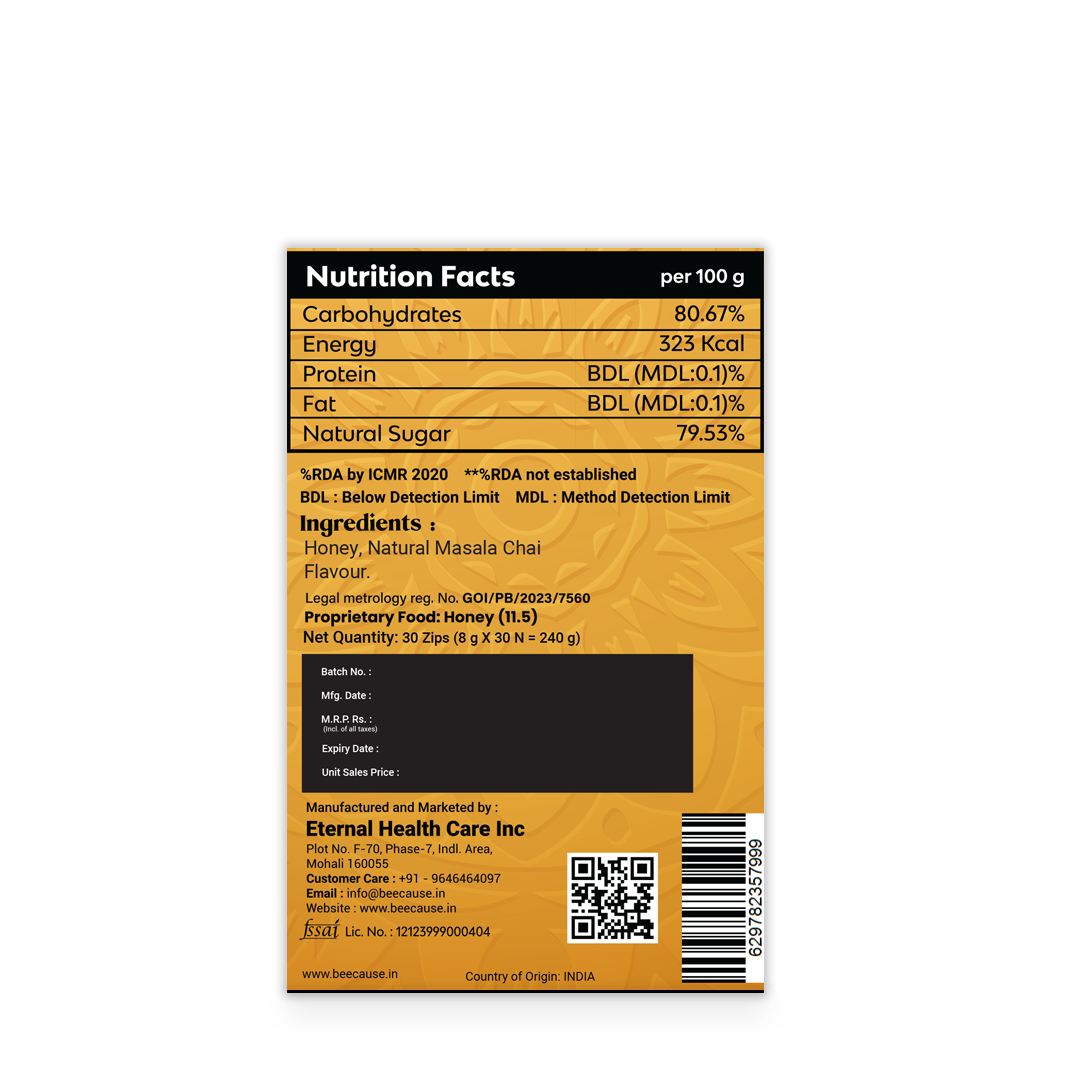 Back panel of the Bee Cause Masala Chai Flavoured Honey Zips packaging, detailing Nutrition Facts, ingredients, FSSAI license number, and manufacturing information for Eternal Health Care Inc.