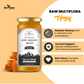 A jar of Bee Cause Raw Multiflora Honey displayed with fresh honeycomb pieces and a list of benefits: nutrient-diverse, immune support, and rich flavor.