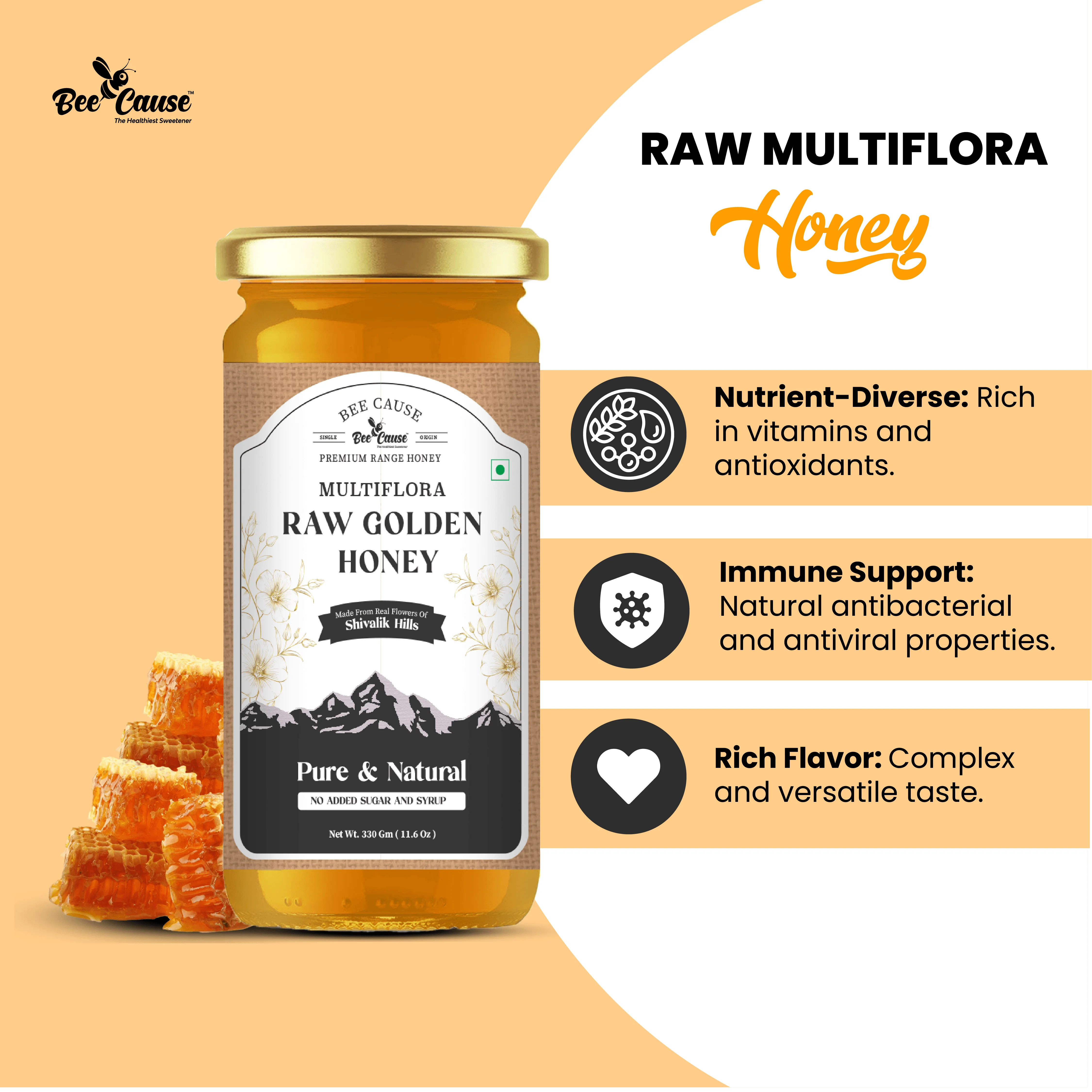 A jar of Bee Cause Raw Multiflora Honey displayed with fresh honeycomb pieces and a list of benefits: nutrient-diverse, immune support, and rich flavor.