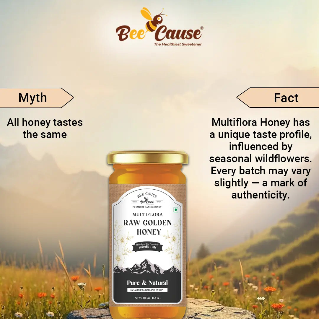 An educational "Myth vs Fact" graphic. It debunks the myth that "all honey tastes the same" by explaining that Bee Cause Multiflora Honey has a unique profile influenced by seasonal wildflowers.