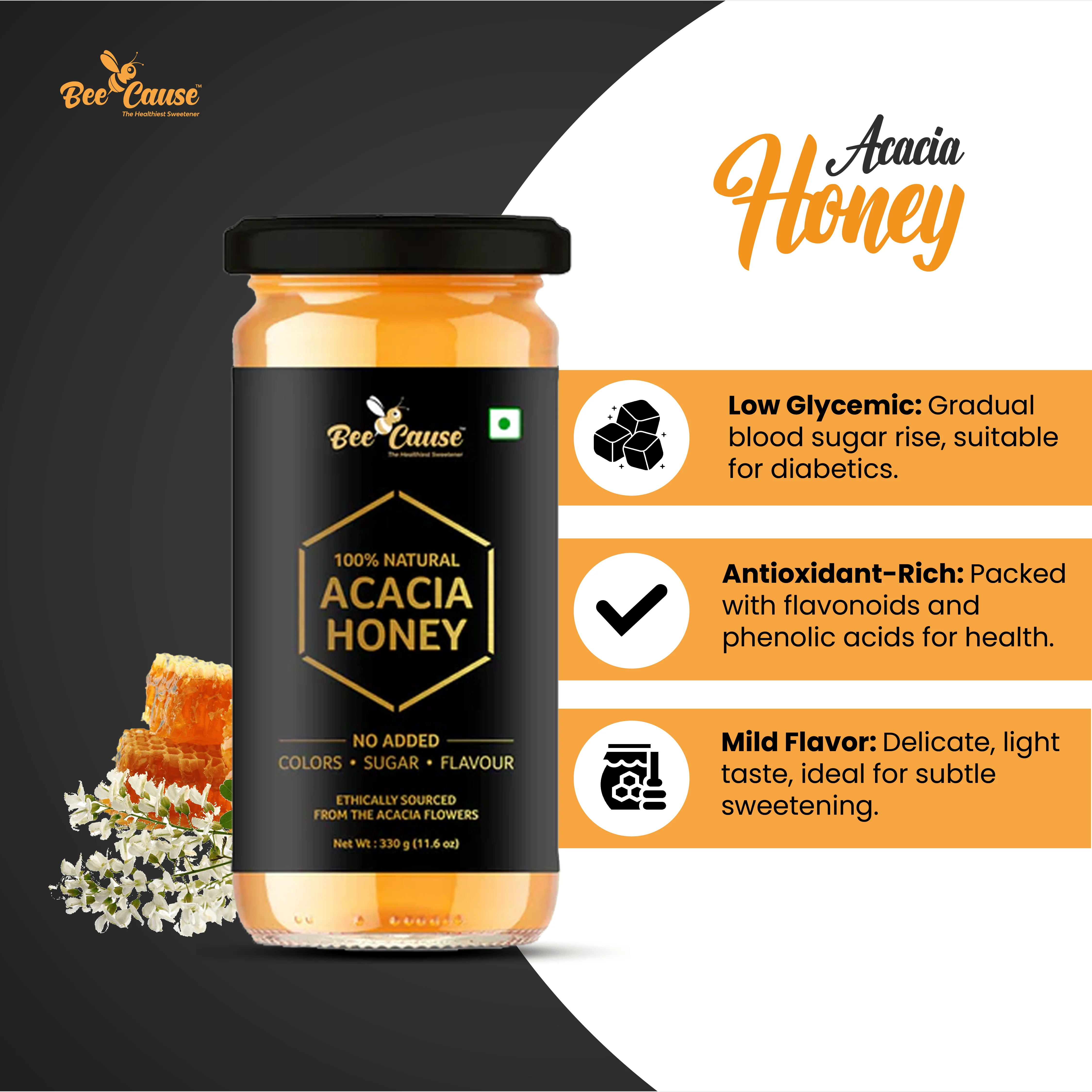 A jar of Bee Cause 100% Natural Acacia Honey displayed with white acacia flowers. The graphic highlights benefits such as low glycemic index, antioxidant-rich content, and a mild flavor.
