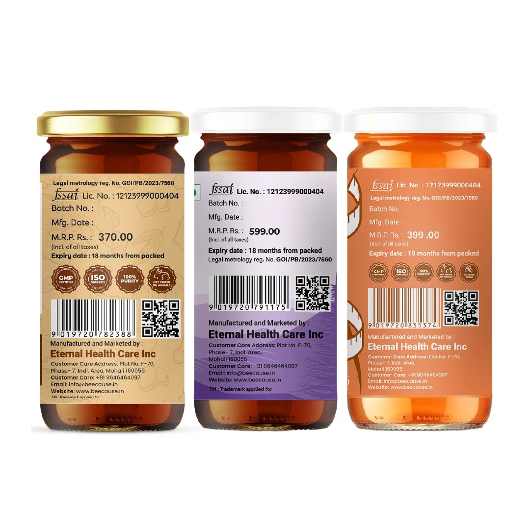A graphic for Slim and Relax Honey highlighting "No Food Colouring," "No Added Preservatives," and "No Artificial Substances".