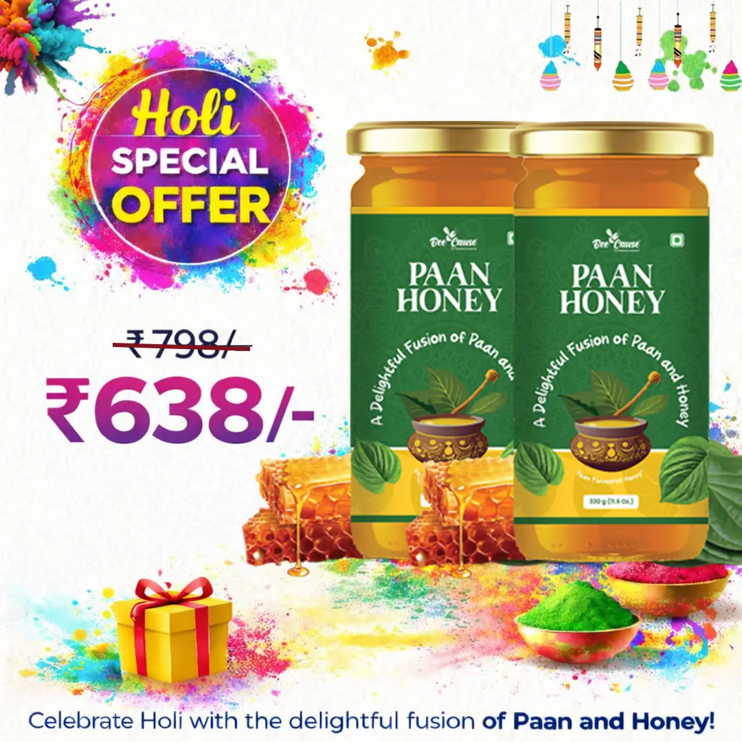 Bee Cause Paan Honey Holi Special Offer. Get a combo of two delightful Paan flavored honey jars for just ₹638, discounted from ₹798. Celebrate the festival of colors with the perfect fusion of pure honey and paan