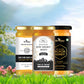 A scenic product display featuring the Bee Cause premium trio: Raw Sunflower Honey, Multiflora Raw Golden Honey from Shivalik Hills, and 100% Natural Acacia Honey, set against a green grass and mountain background.