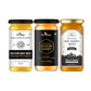 Three jars of Bee Cause premium honey lined up side-by-side, featuring Raw Sunflower Honey, Natural Acacia Honey, and Multiflora Raw Golden Honey.