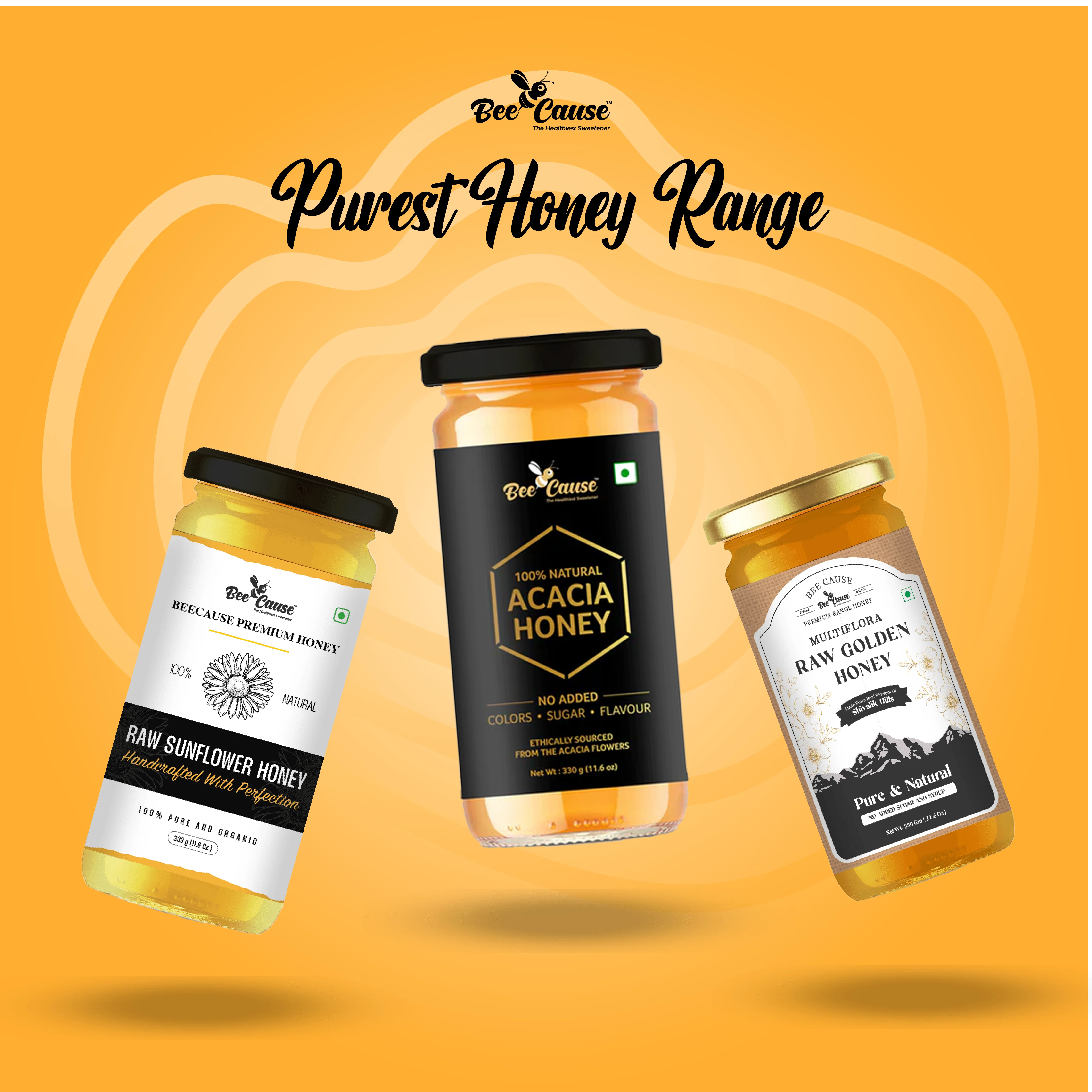 A creative social media graphic featuring the text "Purest Honey Range" with three floating jars of Bee Cause honey against a yellow swirl background.