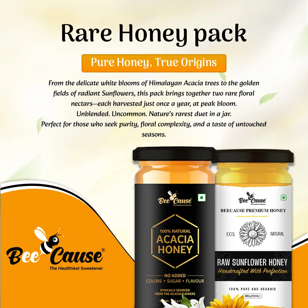 A story graphic titled "Pure Honey, True Origins" explaining that the Rare Honey Pack contains unblended nectar harvested once a year from Himalayan Acacia trees and radiant Sunflower fields.