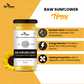 A jar of Bee Cause Raw Sunflower Honey displayed next to its health benefits, including nutrient-rich properties, energy boosting capabilities, and healing properties for digestion.