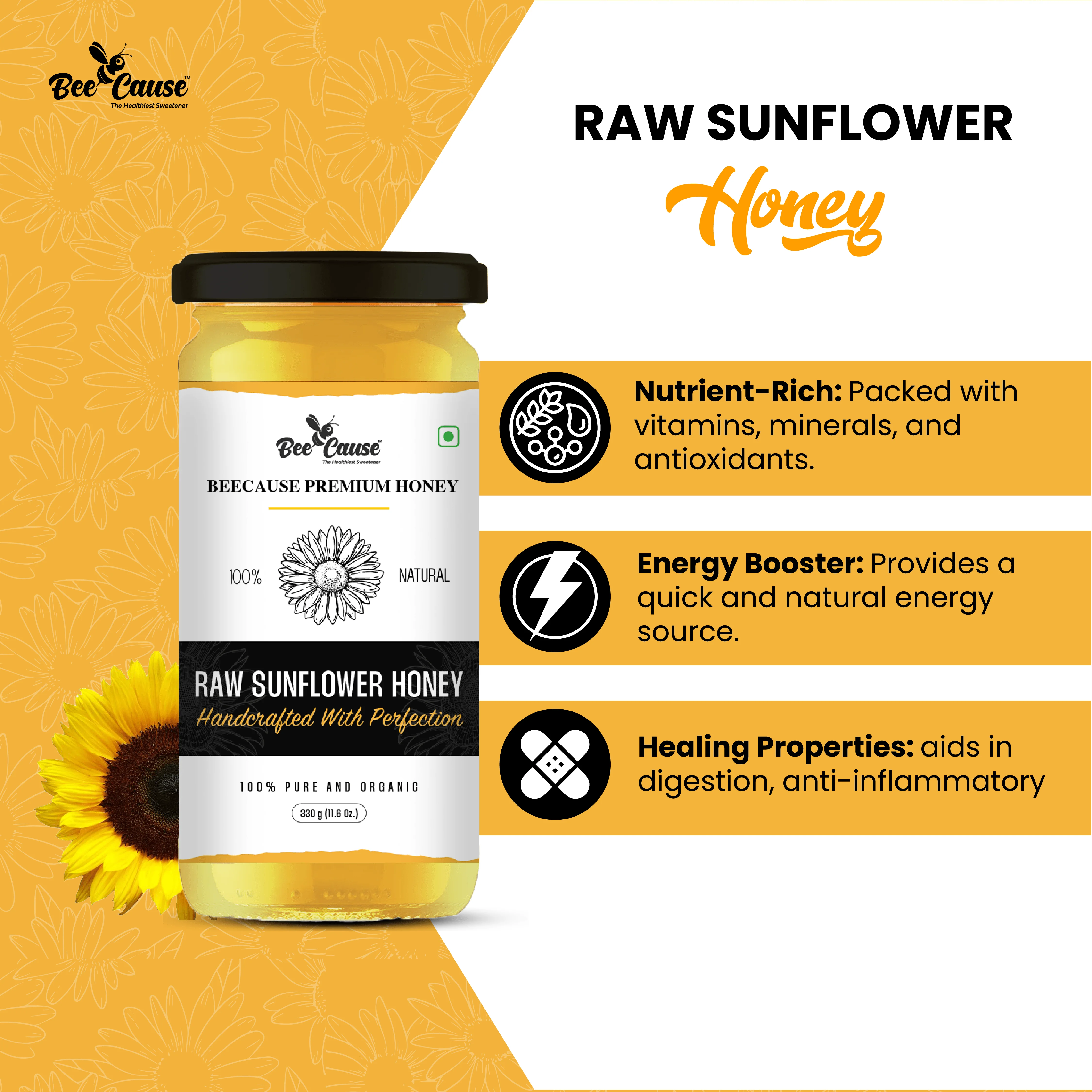 A jar of Bee Cause Raw Sunflower Honey displayed next to its health benefits, including nutrient-rich properties, energy boosting capabilities, and healing properties for digestion.