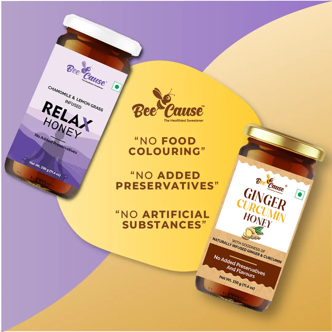 Two floating jars of Bee Cause honey—Relax Honey (Chamomile & Lemon Grass) and Ginger Curcumin Honey—surrounded by guarantees of "No Food Colouring," "No Added Preservatives," and "No Artificial Substances".