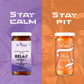 A split-screen graphic with the text "STAY CALM" and "STAY FIT," featuring Relax Honey and Slim Honey over background images of a woman resting and a woman exercising.