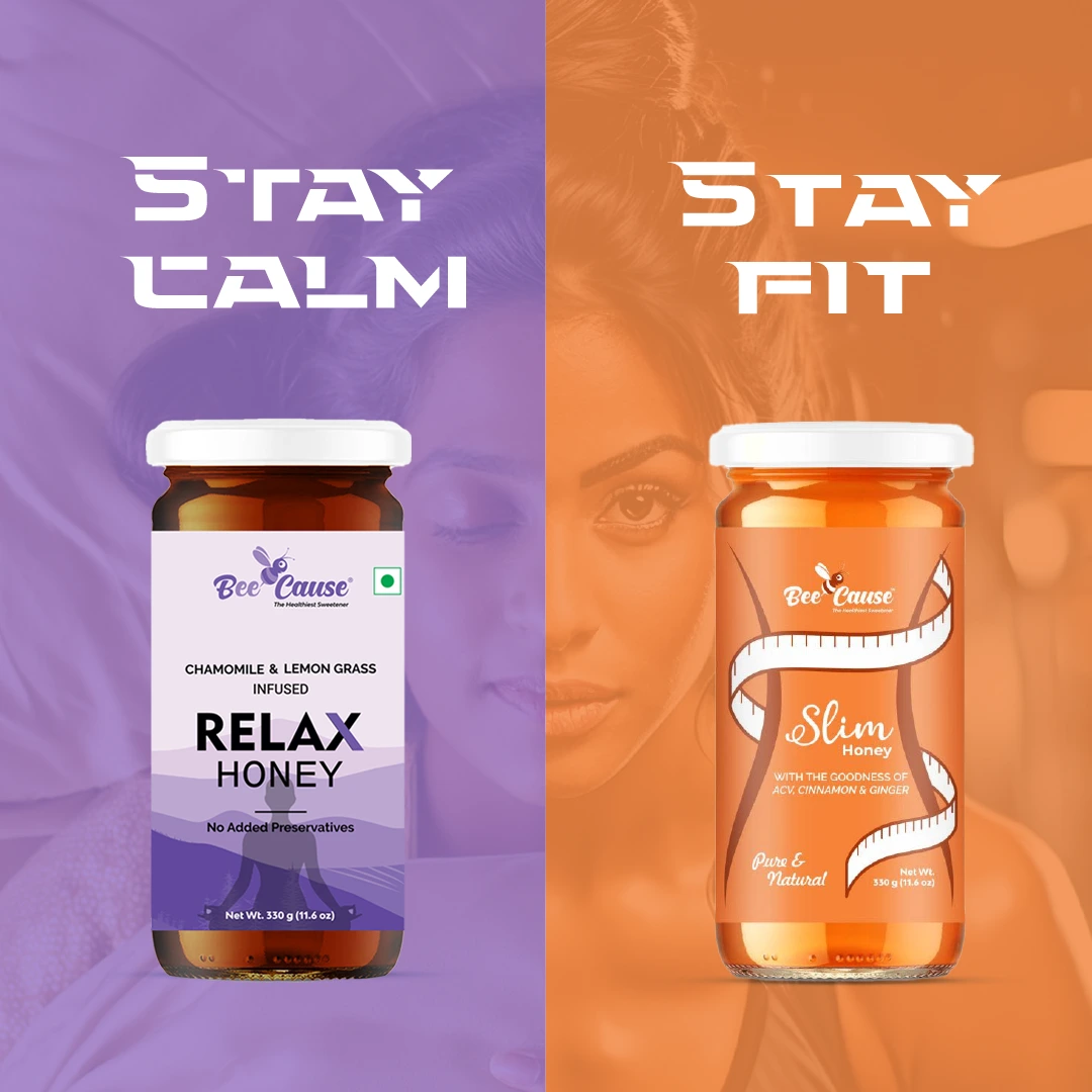 A split-screen graphic with the text "STAY CALM" and "STAY FIT," featuring Relax Honey and Slim Honey over background images of a woman resting and a woman exercising.