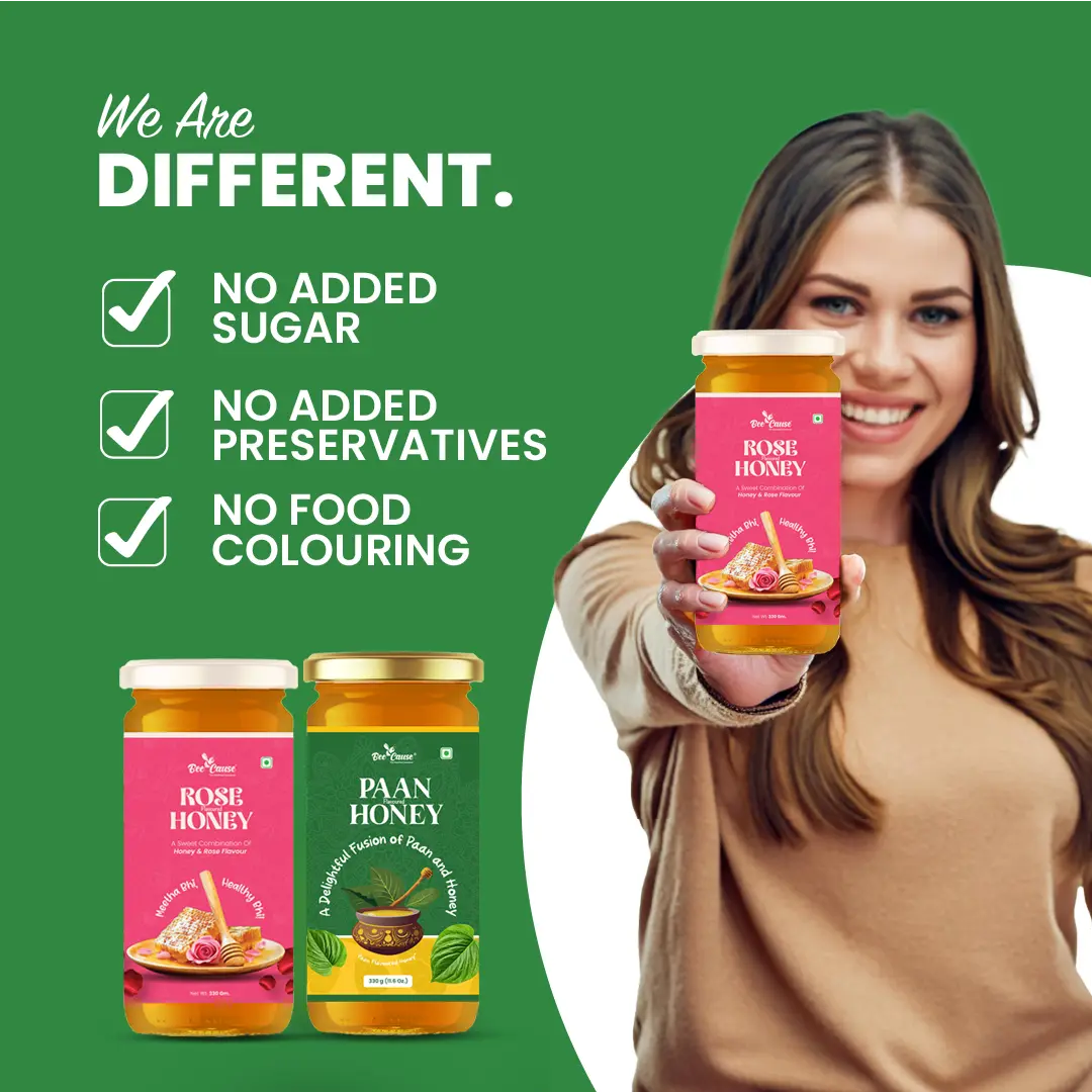 A smiling woman holding a jar of Rose Honey next to a "We Are Different" checklist guaranteeing no added sugar, no added preservatives, and no food colouring for the Rose and Paan range.