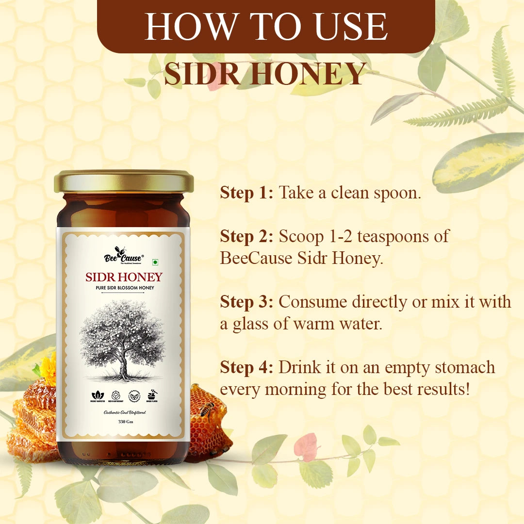 A "How To Use" guide for Bee Cause Sidr Honey. Steps include scooping 1-2 teaspoons and consuming directly or with warm water on an empty stomach for best results.