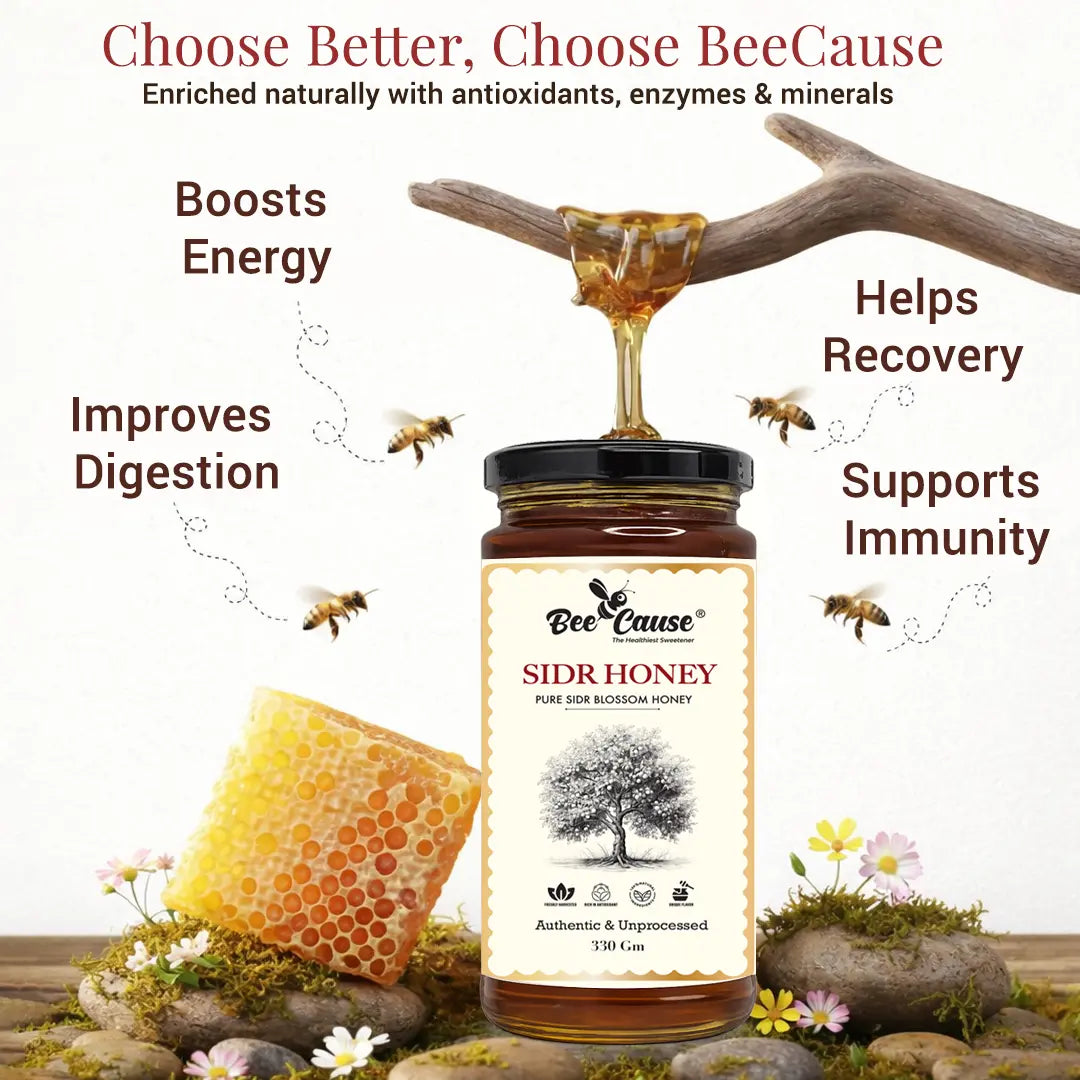 Honey dripping from a wooden branch into a jar of Bee Cause Sidr Honey, surrounded by flying bees and honeycomb. The image highlights health benefits, stating it is naturally enriched with antioxidants, enzymes, and minerals to boost energy, improve digestion, help recovery, and support immunity.