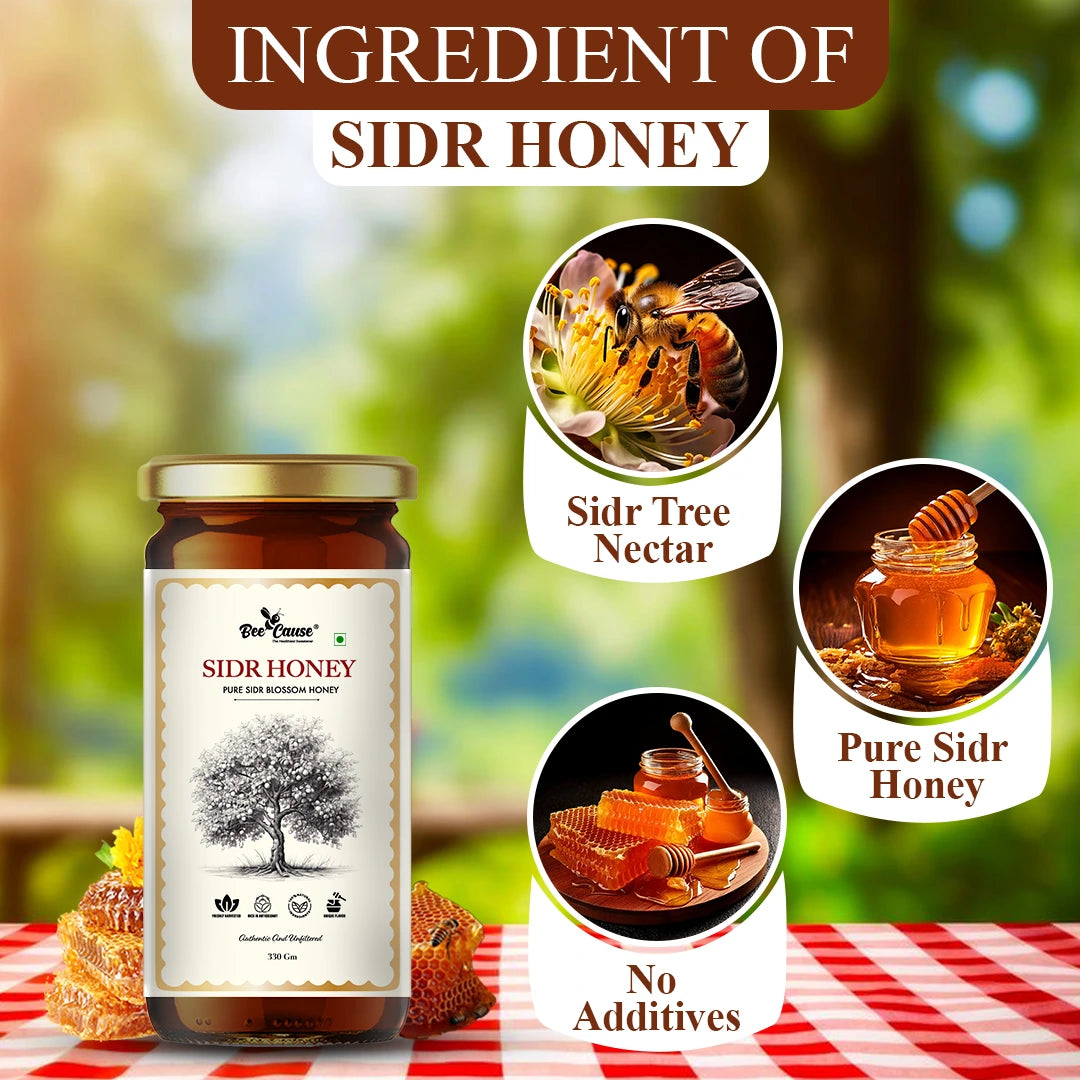 An ingredient breakdown for Bee Cause Sidr Honey, highlighting three key aspects: sourced from Sidr Tree Nectar, 100% Pure Sidr Honey, and containing No Additives.