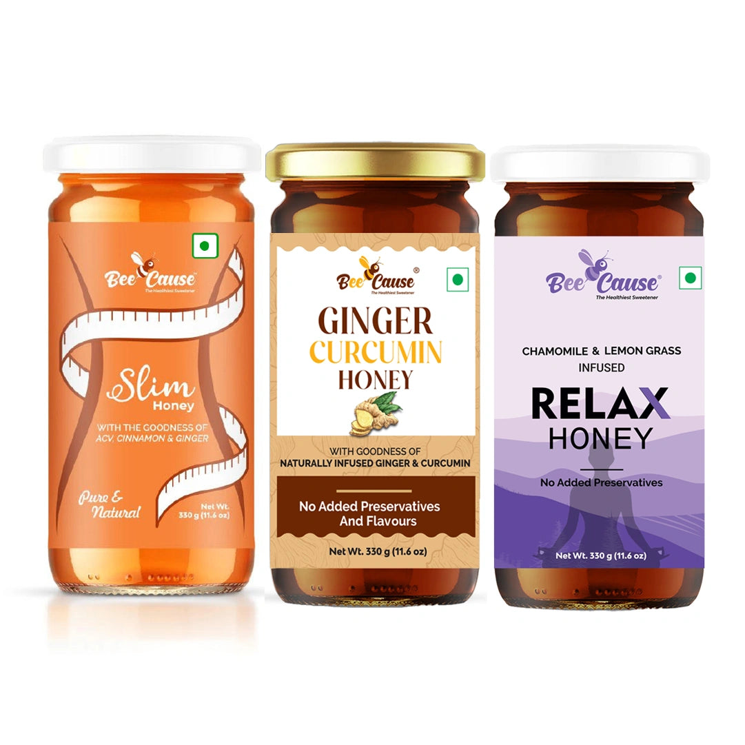 A product shot of Bee Cause Slim Honey with ACV, Cinnamon, and Ginger next to Bee Cause Relax Honey infused with Chamomile and Lemon Grass.