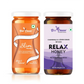 A side-by-side product shot of Bee Cause Slim Honey with a measuring tape graphic and Relax Honey infused with Chamomile and Lemon Grass.