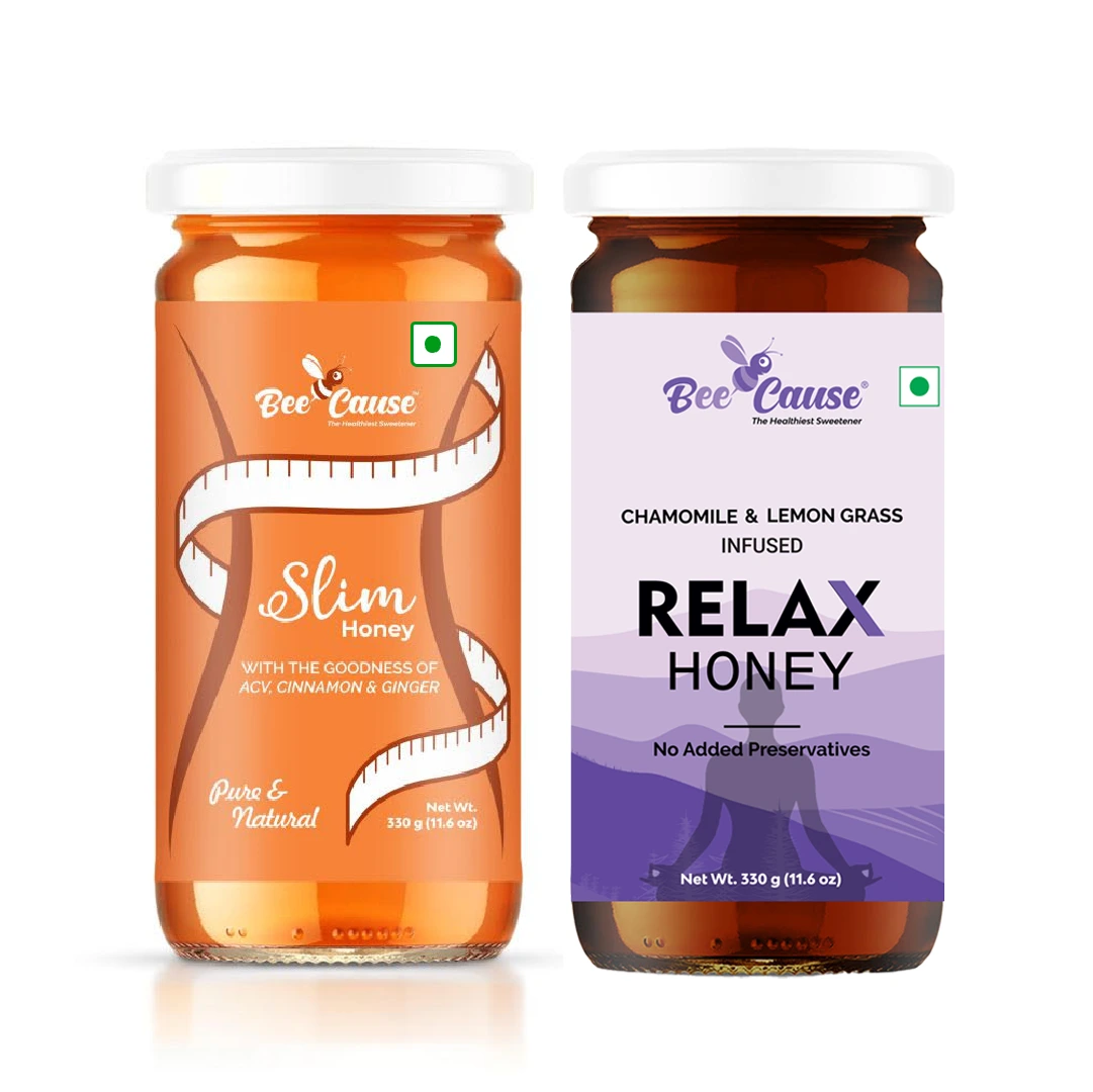 A side-by-side product shot of Bee Cause Slim Honey with a measuring tape graphic and Relax Honey infused with Chamomile and Lemon Grass.