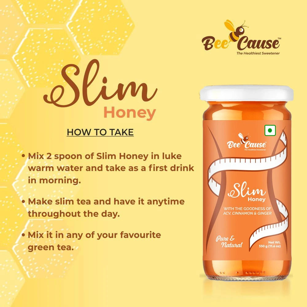 A "How To Take" guide for Bee Cause Slim Honey. Instructions include mixing 2 spoons in lukewarm water for a morning drink, making slim tea to sip throughout the day, or adding it to green tea.
