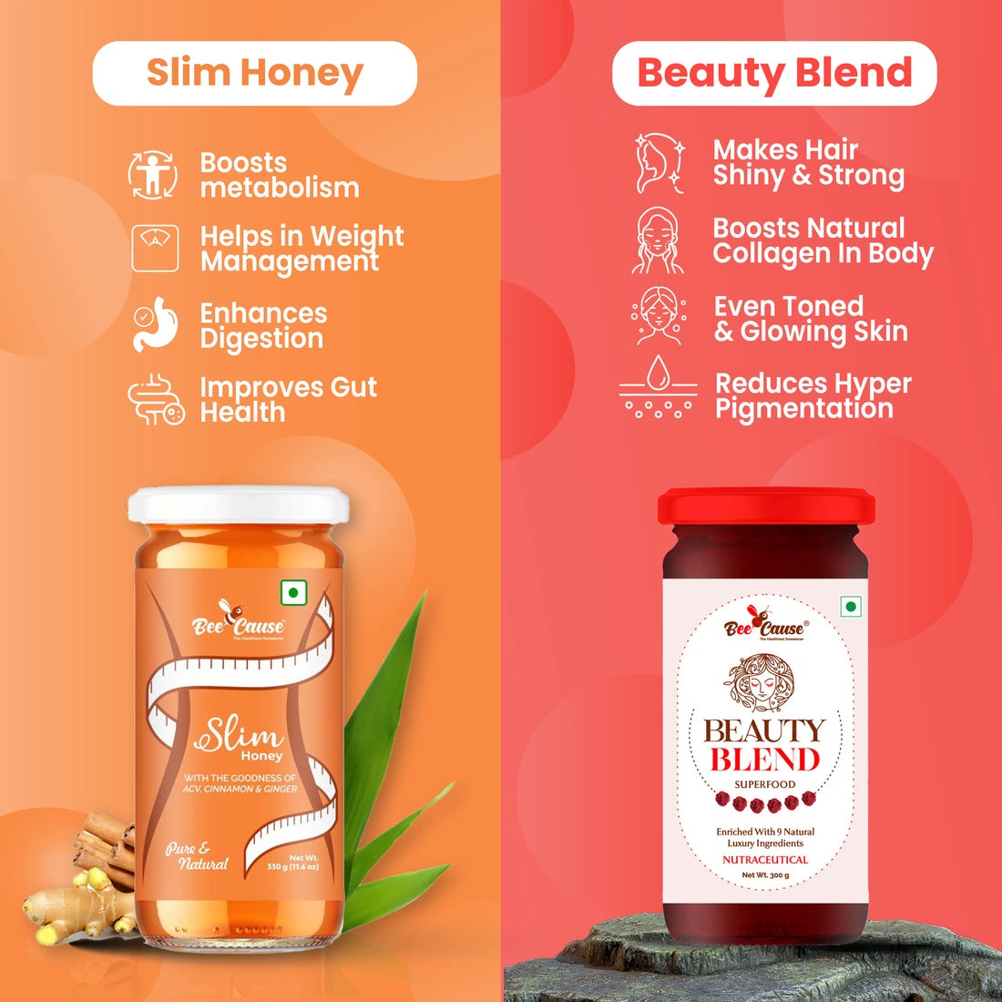 Split comparison graphic. Left: Slim Honey boosts metabolism, helps in weight management, enhances digestion, and improves gut health. Right: Beauty Blend makes hair shiny, boosts natural collagen, provides glowing skin, and reduces hyperpigmentation.
