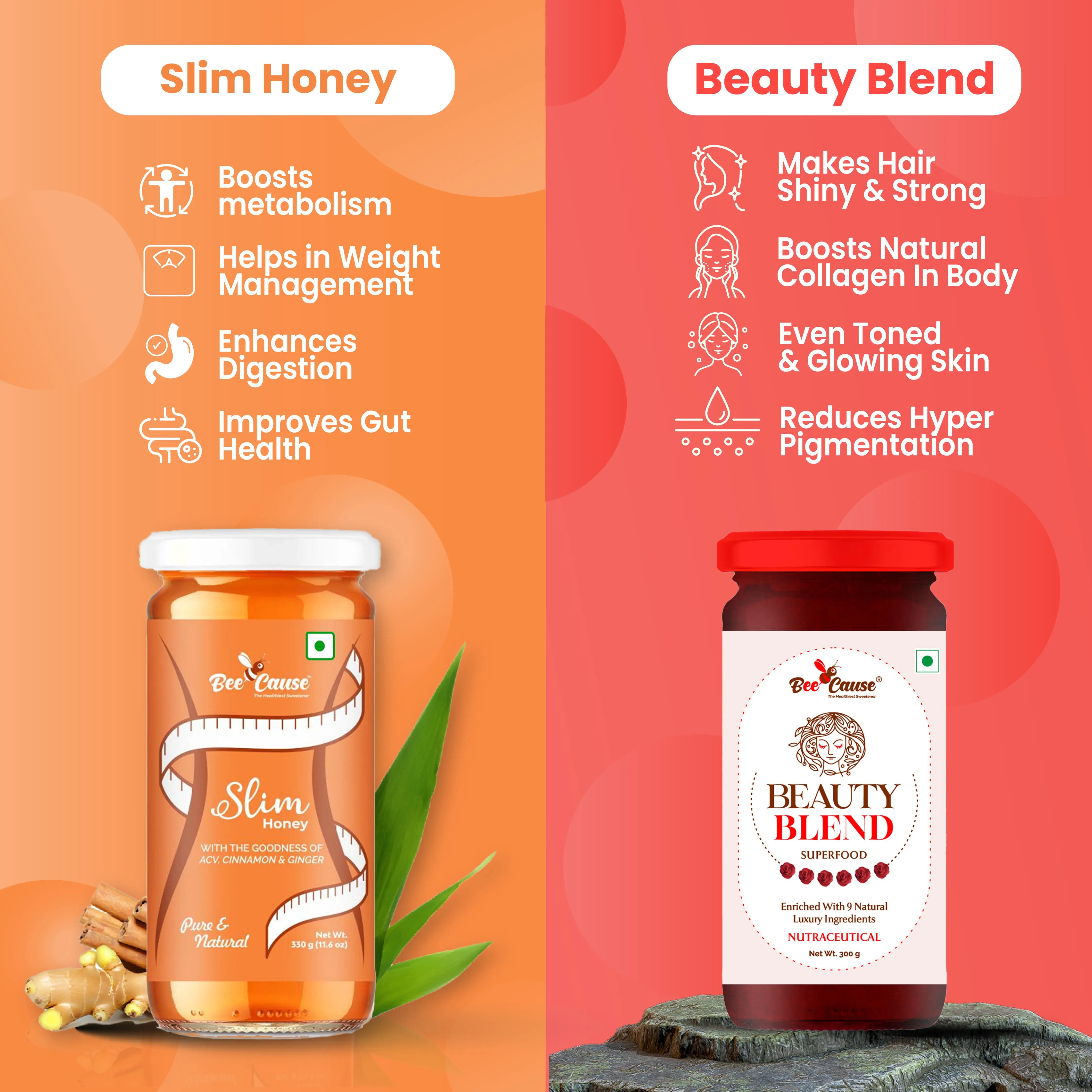 Split comparison graphic. Left: Slim Honey boosts metabolism, helps in weight management, enhances digestion, and improves gut health. Right: Beauty Blend makes hair shiny, boosts natural collagen, provides glowing skin, and reduces hyperpigmentation.