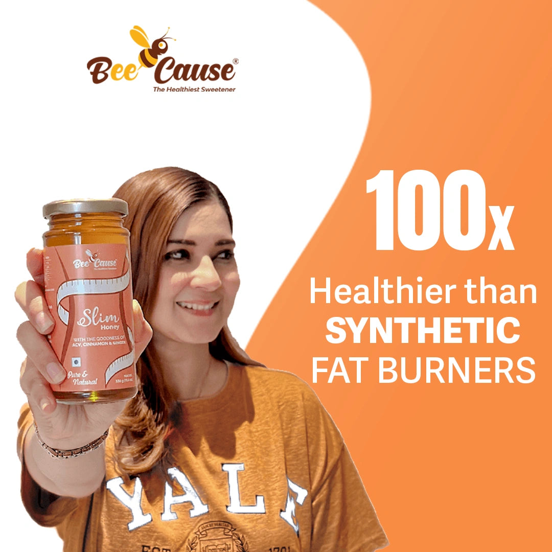 A woman holding a jar of Bee Cause Slim Honey next to text claiming it is "100x Healthier than Synthetic Fat Burners," positioning it as a safe, natural alternative for weight management.