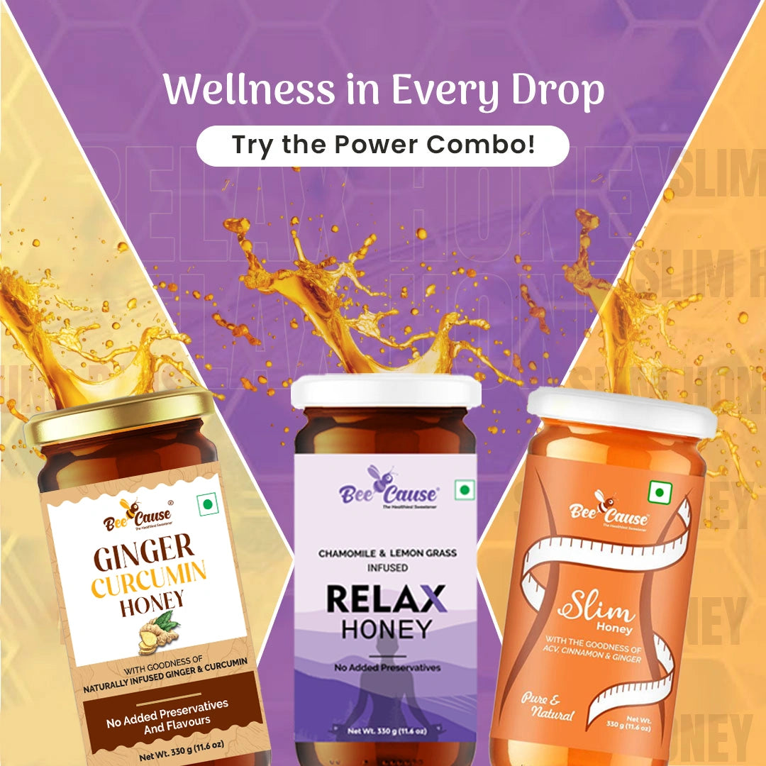 A split promotional graphic featuring "Stay Calm" with Relax Honey and "Stay Fit" with Slim Honey over background images of women.