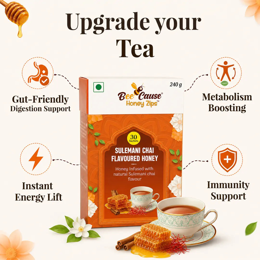 Product box for Bee Cause Sulemani Chai Flavoured Honey Zips showcasing health benefits with icons for gut-friendly digestion support, instant energy lift, metabolism boosting, and immunity support. The text reads "Upgrade your Tea."