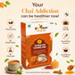 Product packaging for Bee Cause Sulemani Chai Flavoured Honey Zips surrounded by icons highlighting features: no preservatives, no added sugar, no chemicals, travel-friendly, no artificial flavours, and small-batch crafted. The headline reads "Your Chai Addiction can be healthier now!"