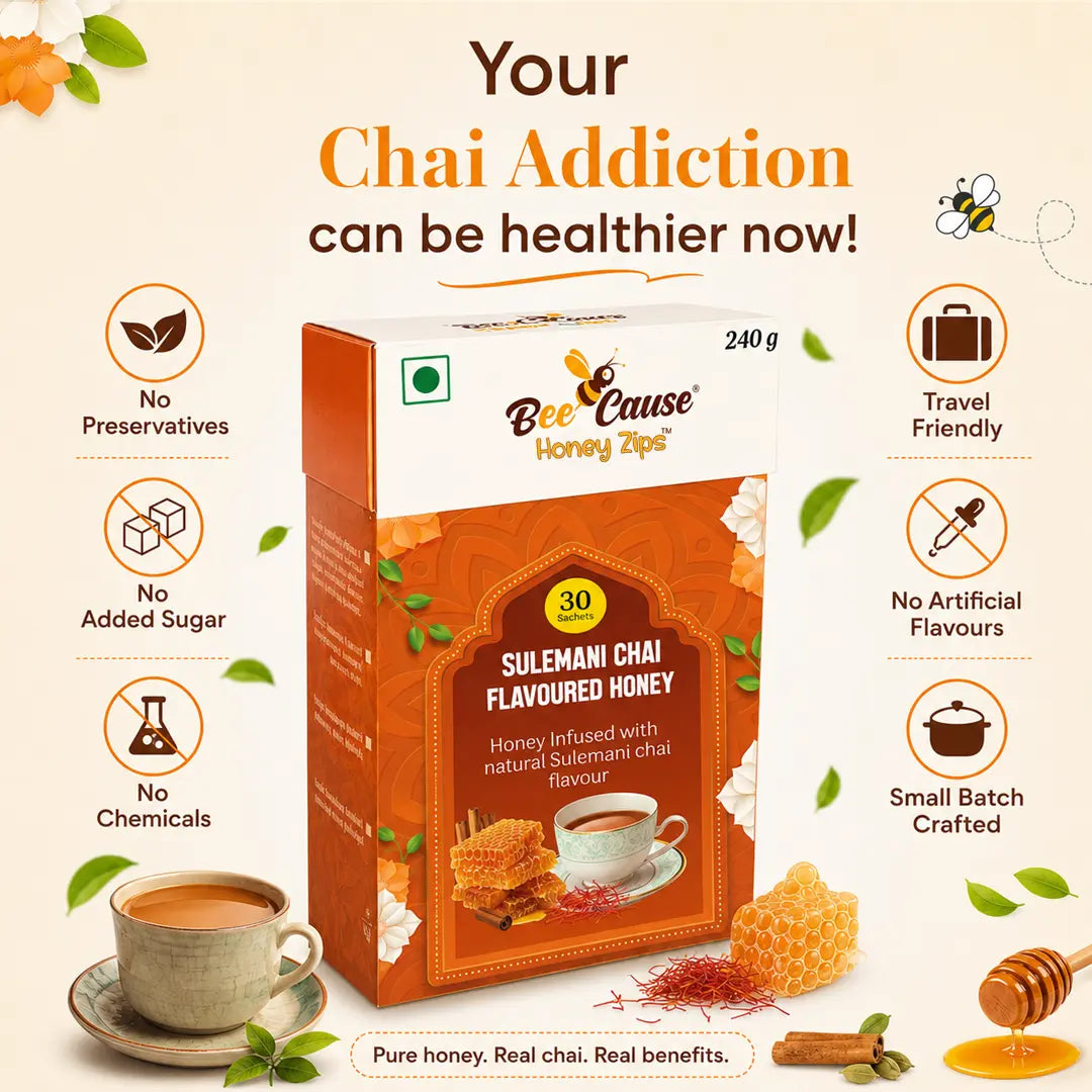 Product packaging for Bee Cause Sulemani Chai Flavoured Honey Zips surrounded by icons highlighting features: no preservatives, no added sugar, no chemicals, travel-friendly, no artificial flavours, and small-batch crafted. The headline reads "Your Chai Addiction can be healthier now!"