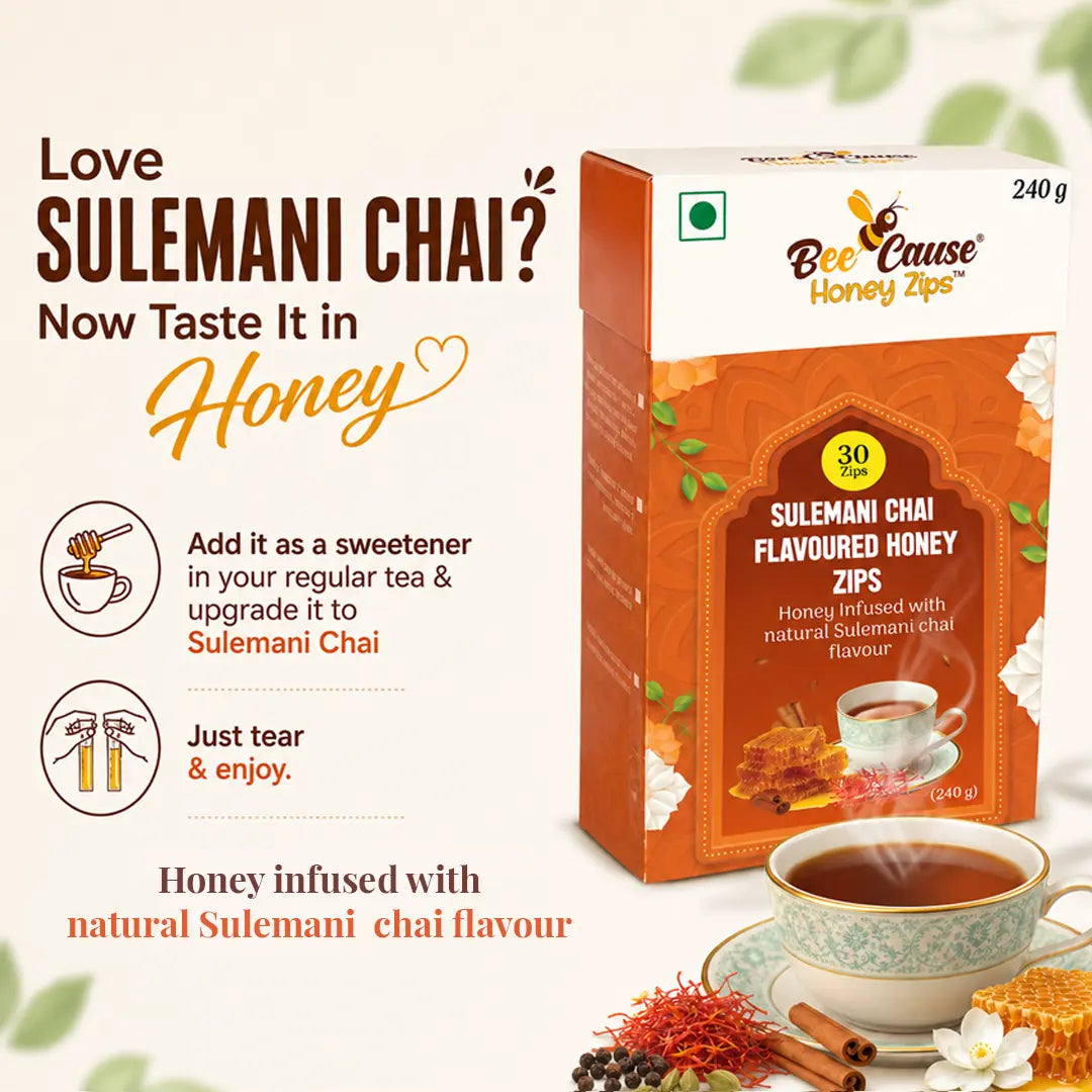 Advertisement for Bee Cause Sulemani Chai Flavoured Honey Zips showing the 240g product box and a cup of tea. Text invites users to taste Sulemani Chai in honey, with simple instructions to tear the sachet and add it as a sweetener to regular tea.
