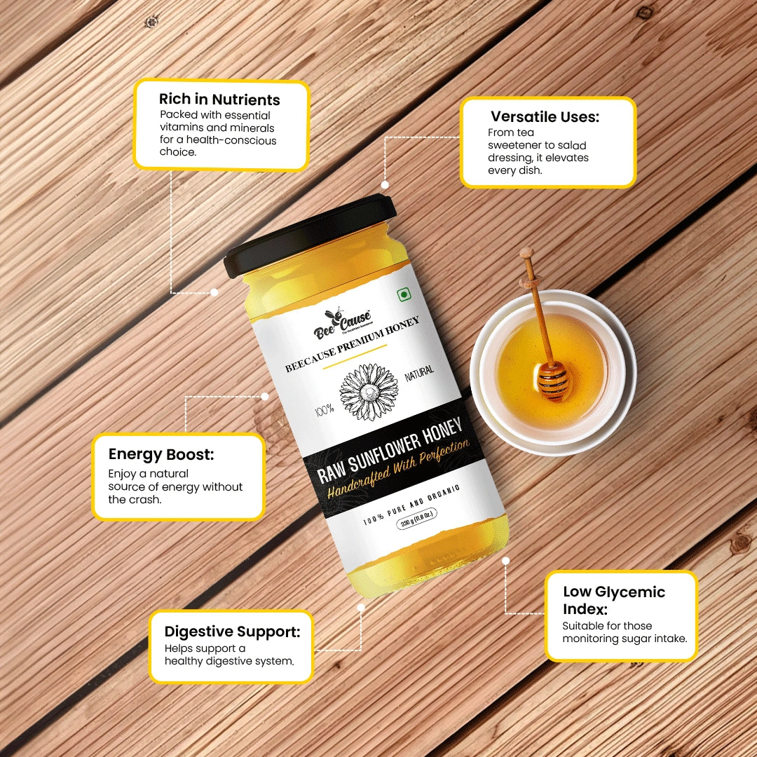 A detailed benefits infographic on a wooden background. It lists features like "Rich in Nutrients," "Energy Boost," "Digestive Support," and "Low Glycemic Index" suitable for monitoring sugar intake.