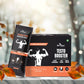 A premium display of Bee Cause Testo Booster Honey box and sachet, arranged amidst natural autumn leaves to highlight its 100% natural formulation.