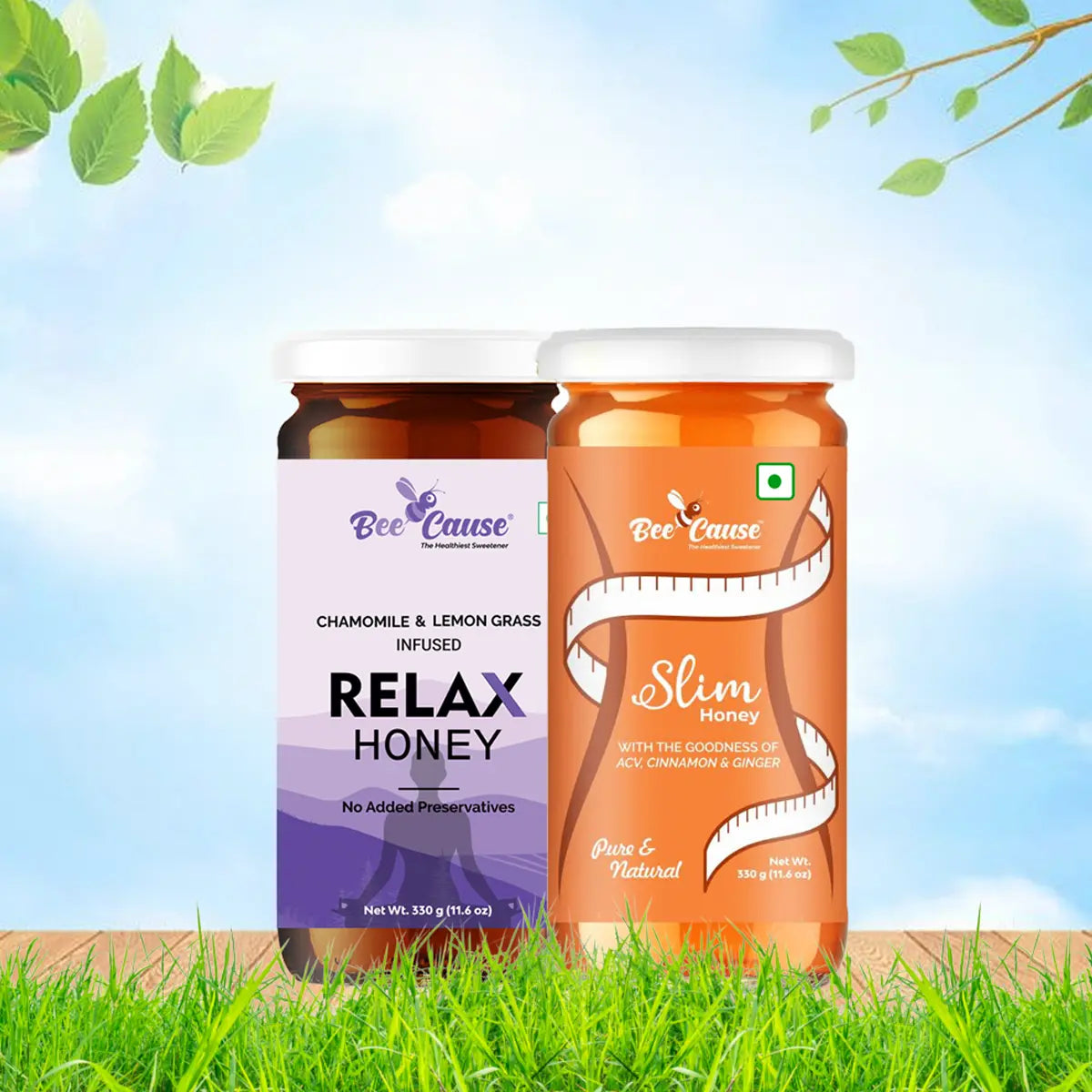 A fresh nature-themed product display of the Bee Cause Wellness Combo featuring Relax Honey, infused with chamomile and lemongrass for stress relief, alongside Slim Honey, containing ACV and cinnamon for weight management.