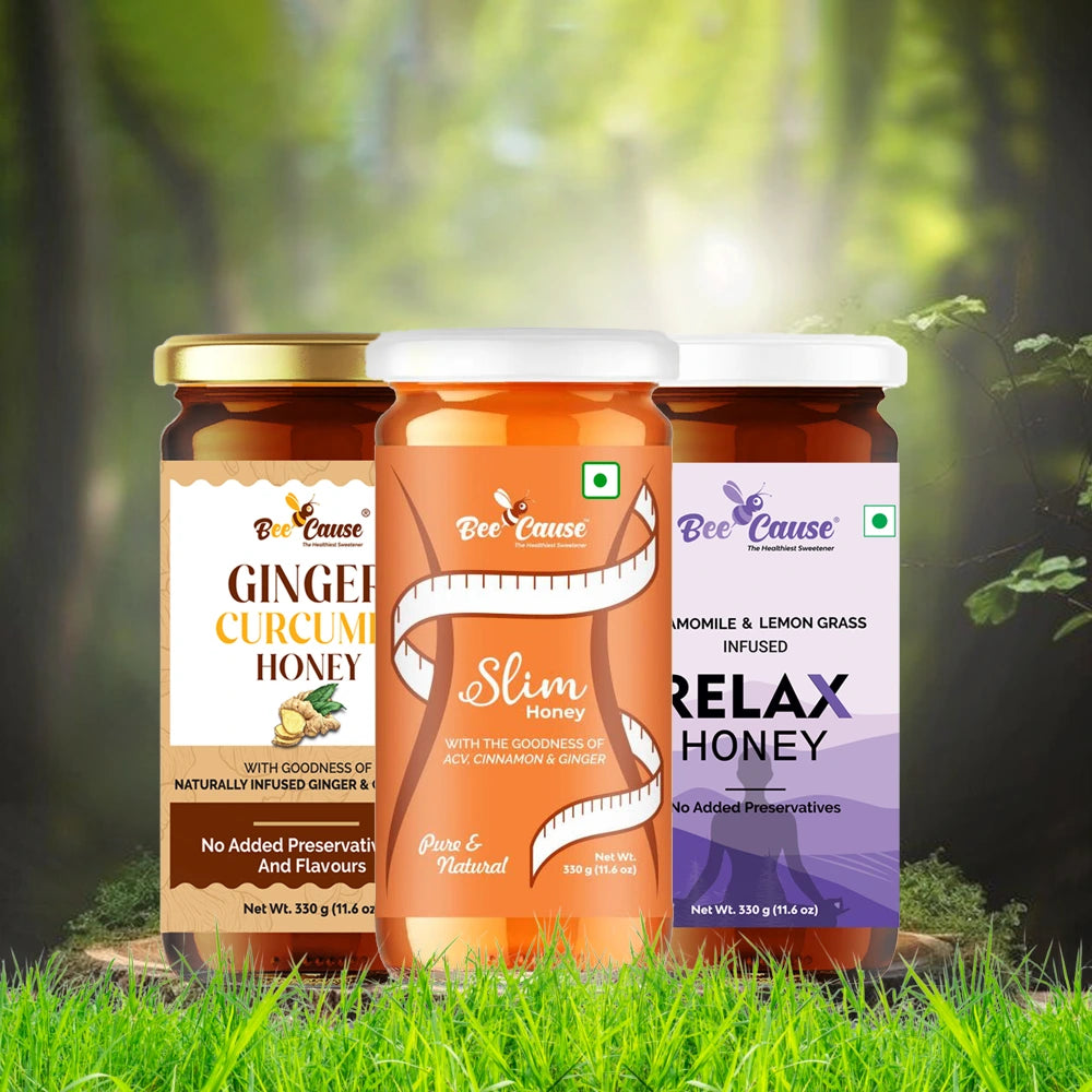 A scenic product display of the Bee Cause Wellness Trio set against a lush forest background. The pack includes Ginger Curcumin Honey for immunity, Slim Honey with ACV and cinnamon for weight management, and Relax Honey infused with chamomile for stress relief.