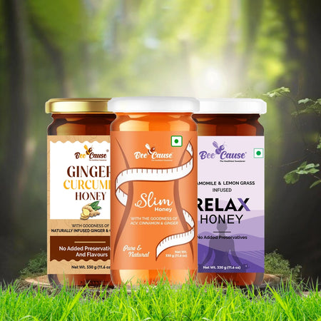 A scenic product display of the Bee Cause Wellness Trio set against a lush forest background. The pack includes Ginger Curcumin Honey for immunity, Slim Honey with ACV and cinnamon for weight management, and Relax Honey infused with chamomile for stress relief.