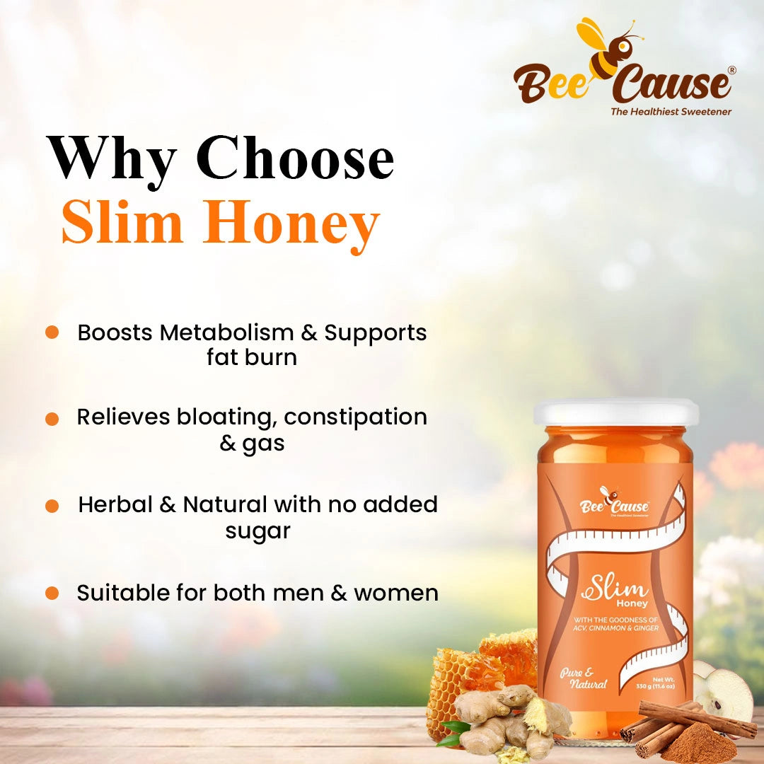 An educational graphic titled "Why Choose Slim Honey" listing benefits: boosts metabolism and fat burn, relieves bloating and gas, is herbal and natural, and is suitable for both men and women.
