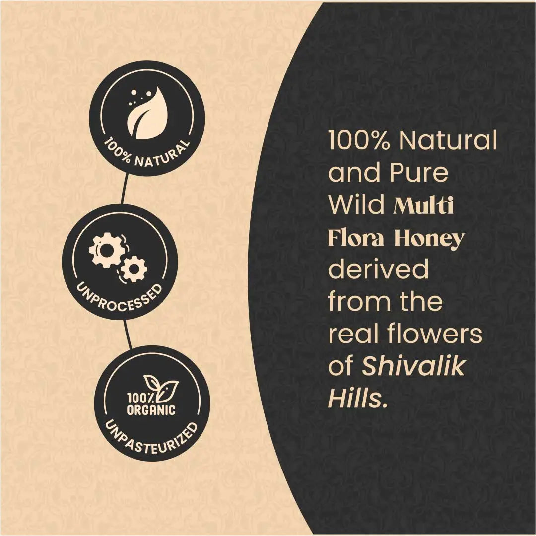 A product highlight graphic for Bee Cause Wild Multiflora Honey, emphasizing that it is 100% natural, unprocessed, organic, unpasteurized, and derived from the real flowers of the Shivalik Hills.